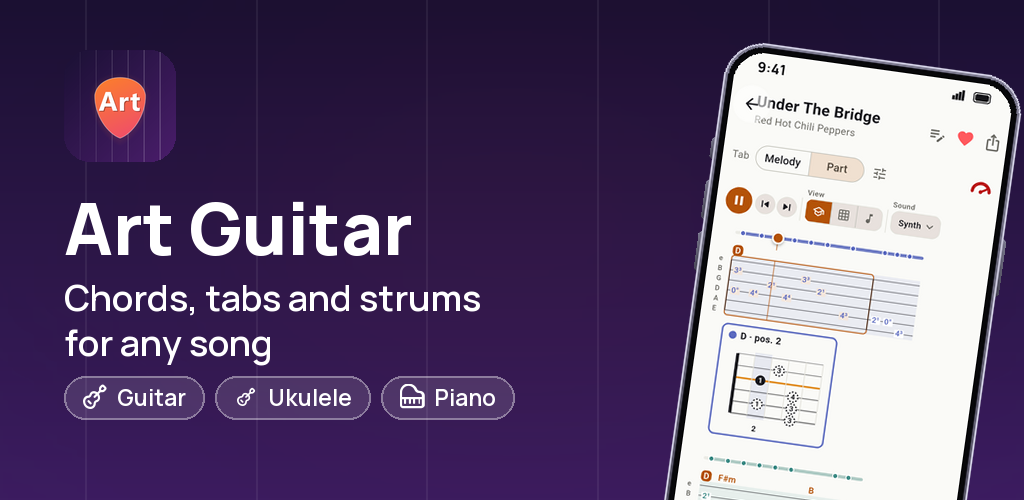 Art Guitar showing playable tablature and chord shapes for guitar, ukulele and piano